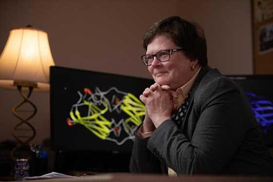 Photo of Dr. Lisa Lambert seated at a desk, with a computer monitor and lamp behind her